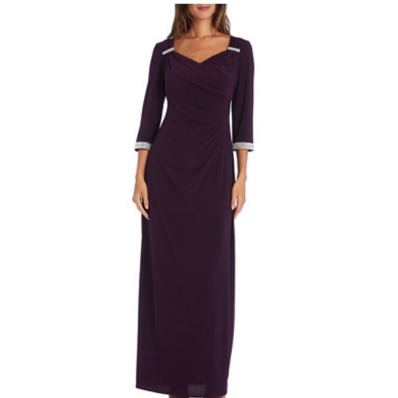 R&M Richards Blue Ruched 3/4 Sleeve Maxi Gown Rhinestone Size 10P NWT Elegant - Picture 13 of 15